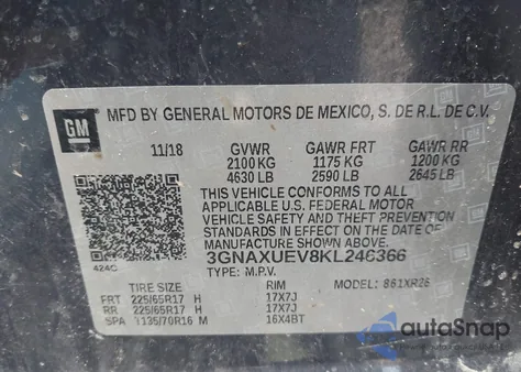 2019 Chevrolet Equinox Lt z USA, uszkodzony, nr VIN 3GNAXUEV8KL246366